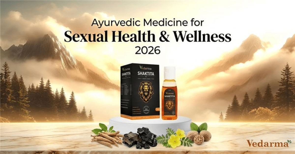 Vedarma Shaktita Ayurvedic medicine for sexual health and wellness 2026, featuring the product bottle and box on a scenic background with mountains, forest, and herbs displayed in front.