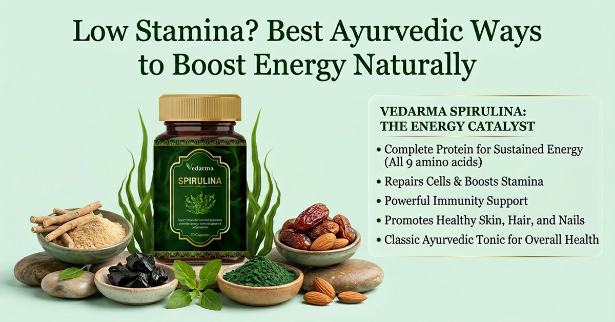 Vedarma Spirulina supplement bottle with natural Ayurvedic ingredients like cinnamon, dates, and herbs for boosting energy, stamina, and promoting overall health, immunity, and skin health.