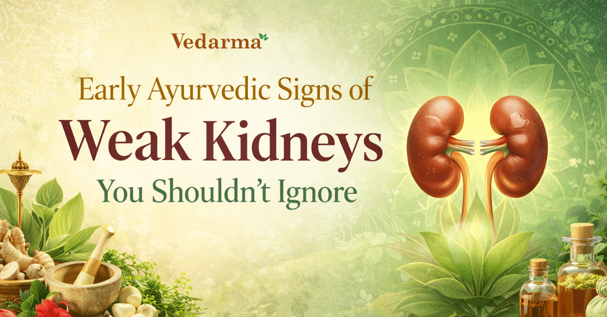 Infographic showcasing early Ayurvedic signs of weak kidneys. The design features a pair of kidneys, herbal treatments, and Ayurvedic elements to promote health awareness.
